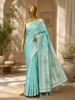 Mint Green Printed Designer Saree with Tassel Pallu