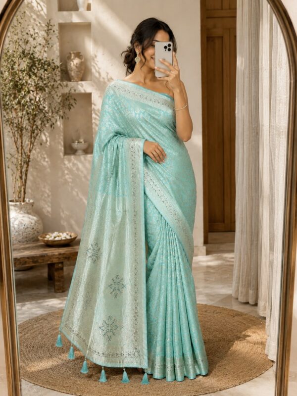 Mint Green Printed Designer Saree with Tassel Pallu