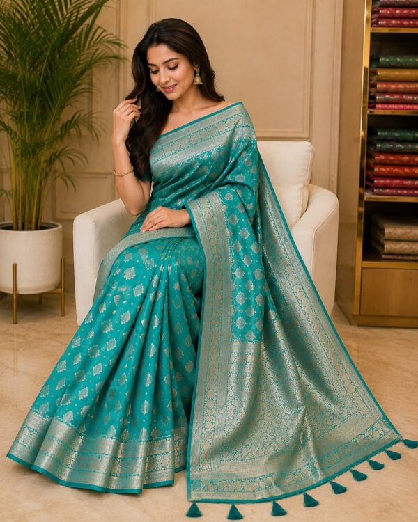 WhatsApp Image 2026-09-03 at 3.39.38 PM Teal Blue Banarasi Silk-Blend Saree