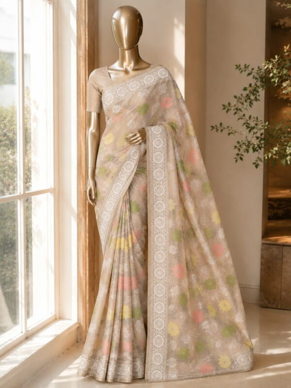 Pastel Grey Floral Saree