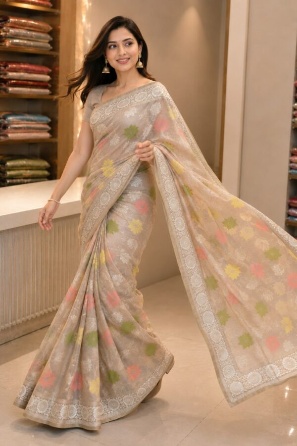 Pastel Grey Floral Saree