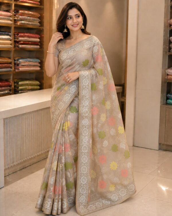 Pastel Grey Floral Saree