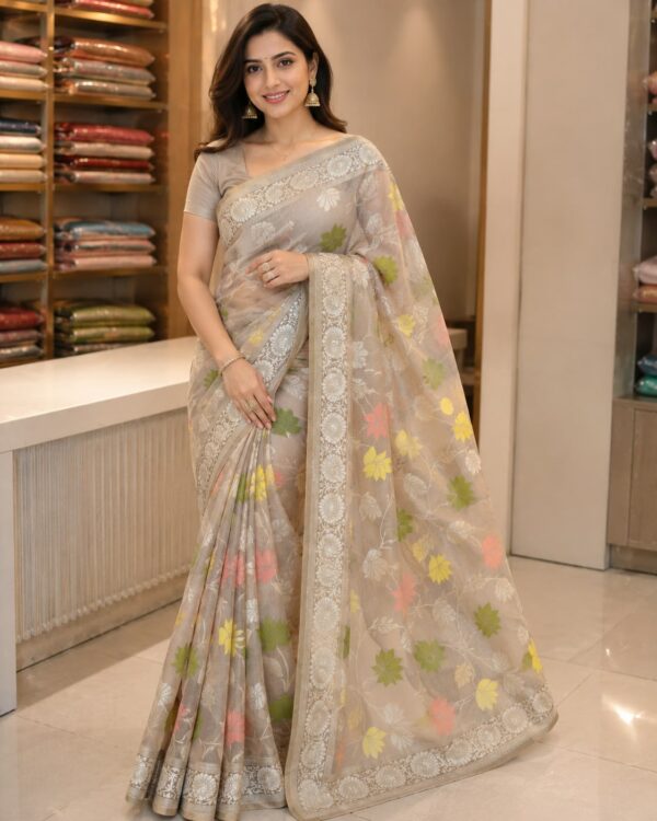 Pastel Grey Floral Saree