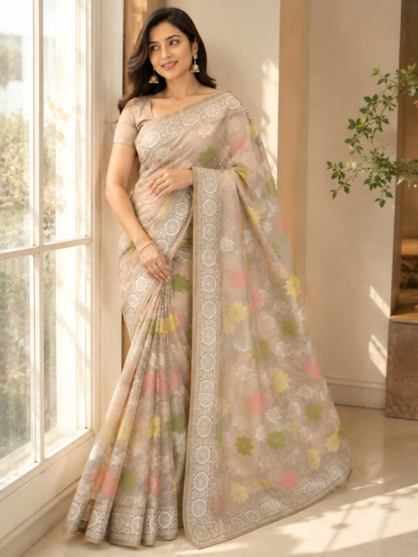 Pastel Grey Floral Saree