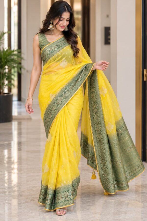 Mustard Heritage Green Border Saree
