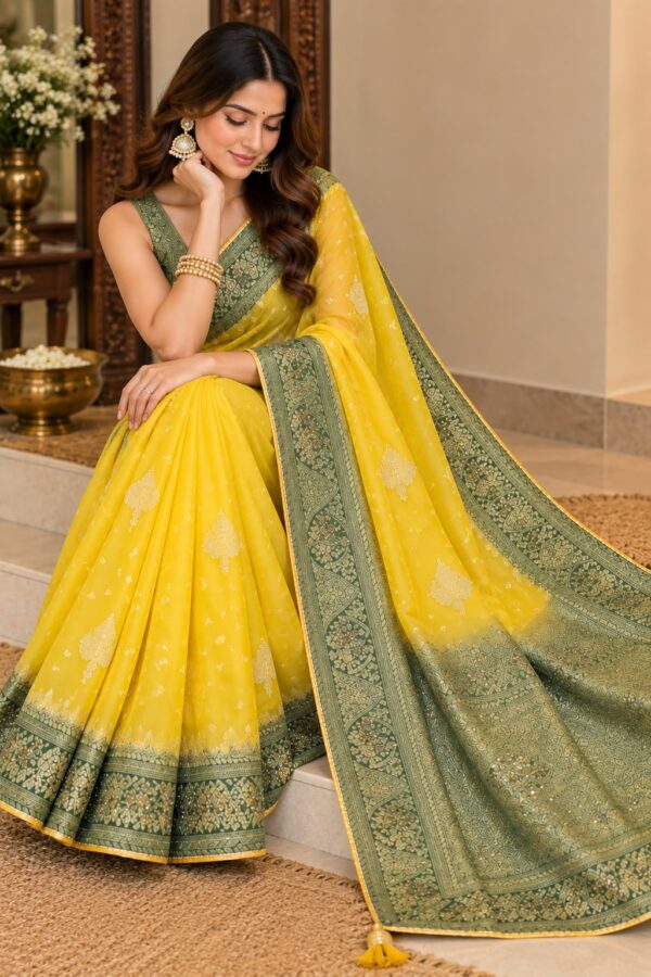 Mustard Heritage Green Border Saree
