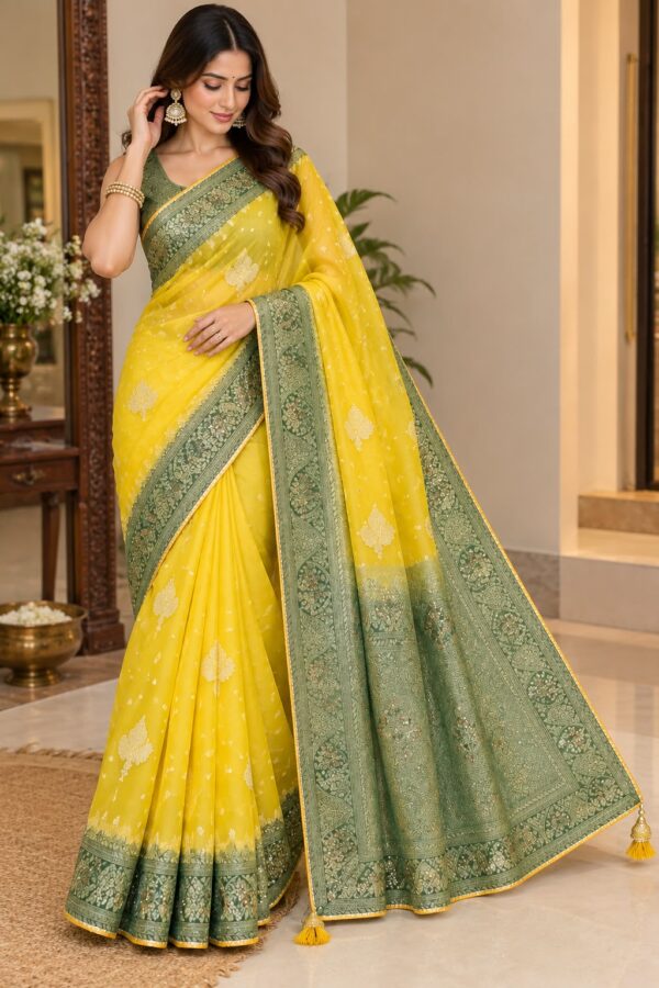 Mustard Heritage Green Border Saree