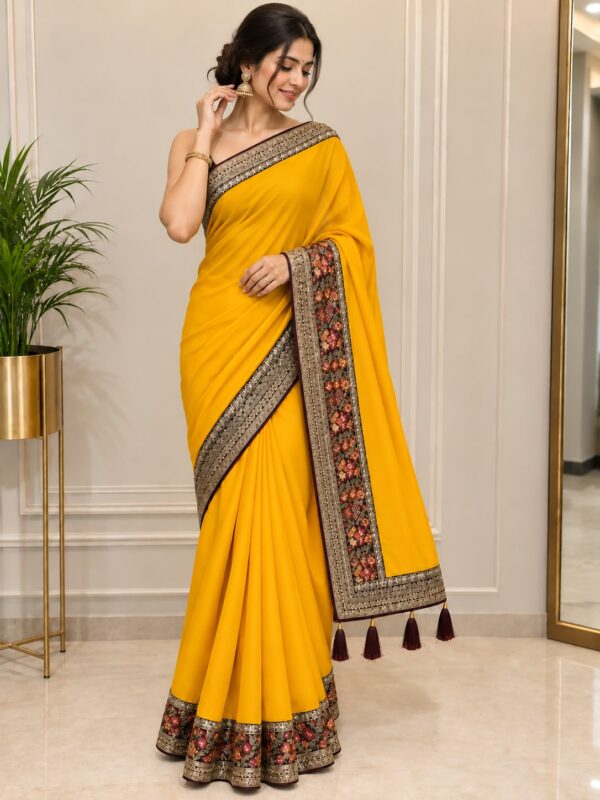 Mustard Floral Heritage Border Saree