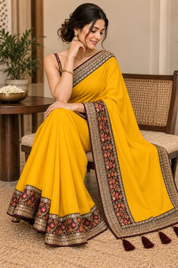 Mustard Floral Heritage Border Saree