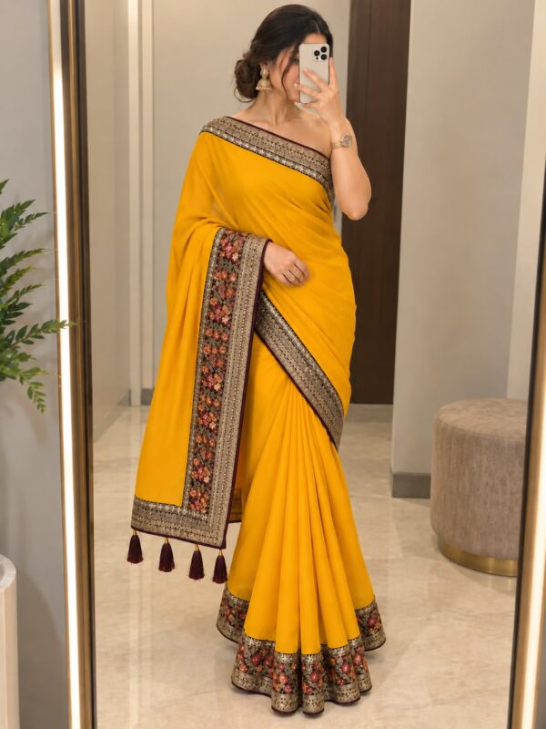 Mustard Floral Heritage Border Saree
