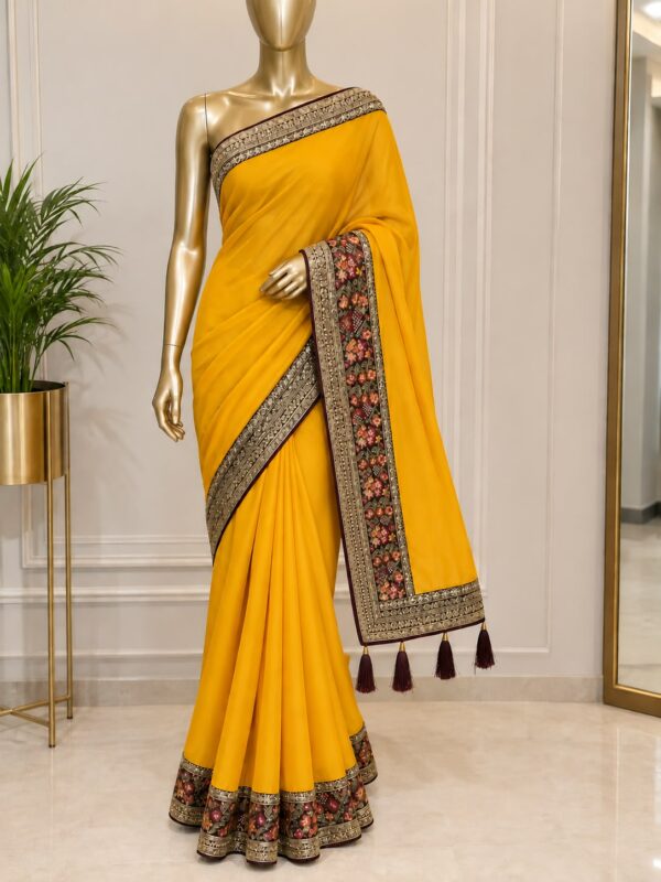 Mustard Floral Heritage Border Saree