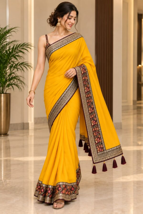Mustard Floral Heritage Border Saree