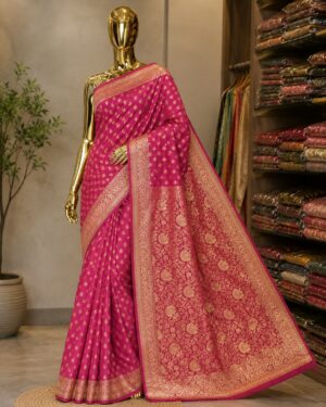 Peach & Rani Pink Floral Zari Banarasi Saree
