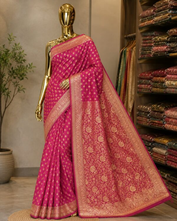 WhatsApp Image 2026-09-12 at 1.03.01 PM Peach & Rani Pink Floral Zari Banarasi Saree
