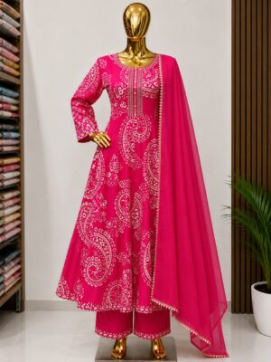 Rani Pink Paisley Printed Anarkali Suit Set